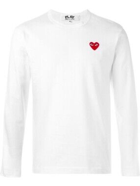 Comme des Garçons PLAY 100% Cotton White Long Sleeve T-Shirt Red Heart Patch, XL